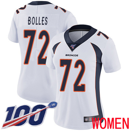 Women Denver Broncos 72 Garett Bolles White Vapor Untouchable Limited Player 100th Season Football NFL Jersey
